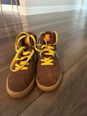 Nike Brown Suede High-Top Sneakers with Yellow Laces